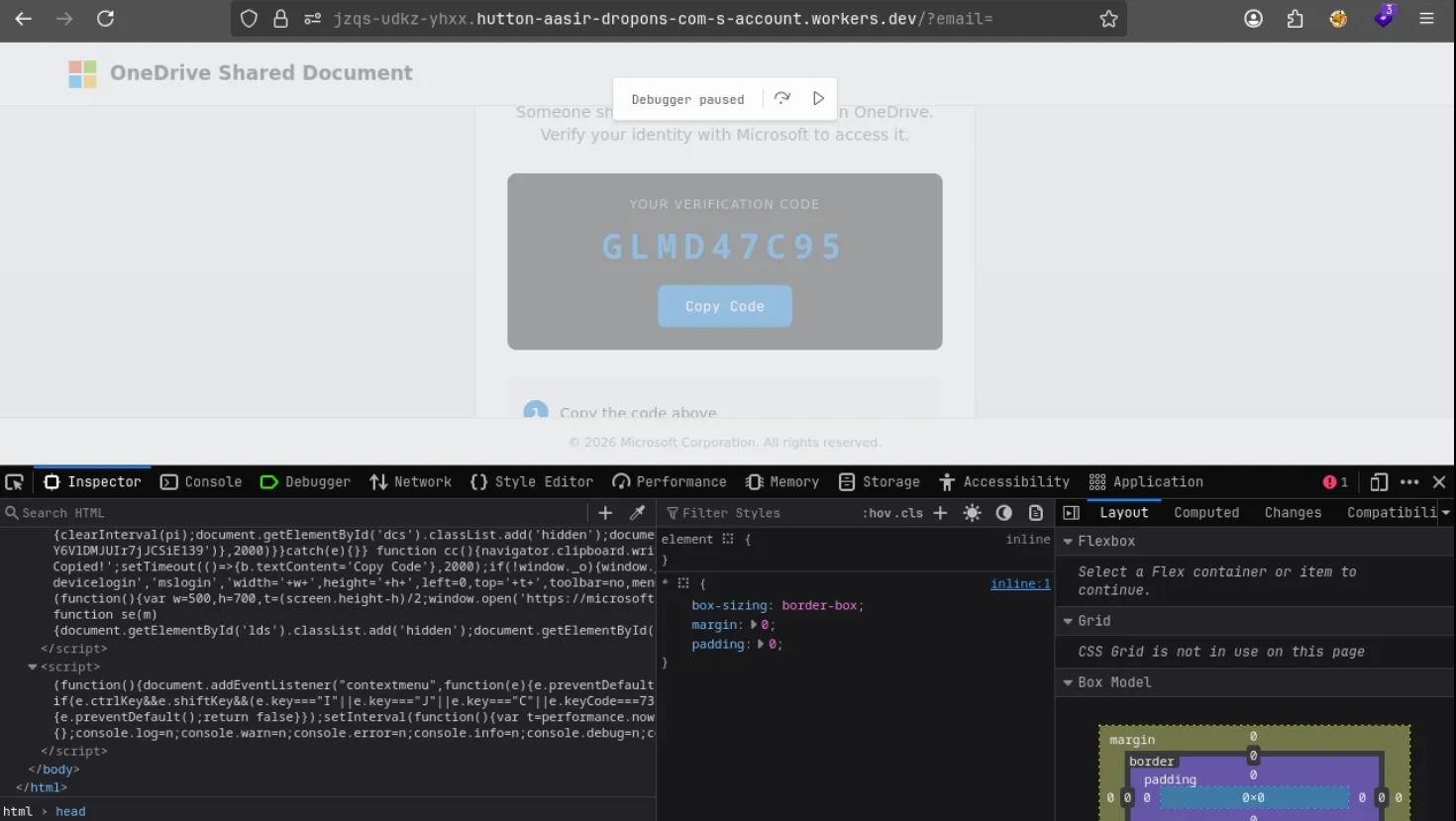 Stage 3: the anti-debugging trap firing when developer tools are opened